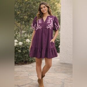 Entro Purple Embroidered Puff Sleeves Ruffle Hem Coquette Mini Dress w/ Pockets